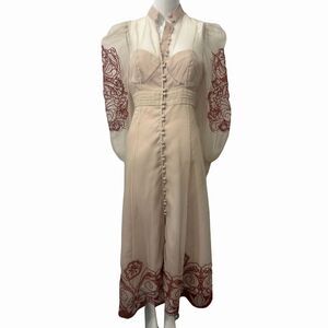 Karen Millen Organdie Embroidered Woven Long Sleeves Midi Dress Cream Size 6